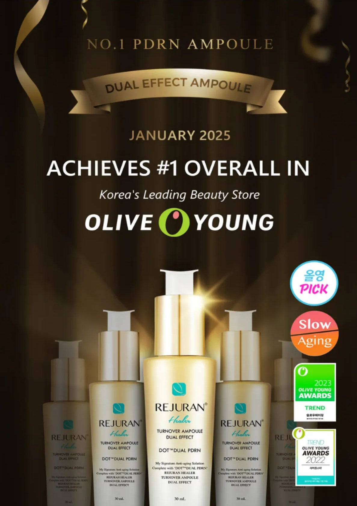 Olive Young Reijuran Ampoule with promotional text and awards on a dark background